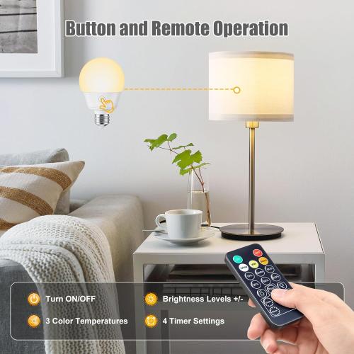 Brightown E26 Rechargeable Light Bulb with Remote Timer and 3 Color Temperatures, Battery Backup Bulb for Sconces and Lamps, E26 Detachable Charging for Non-Hardwired Fixture, Dimmer, 700LM