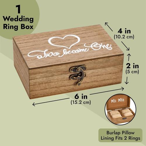 Juvale Ring Bearer Box - 6 x 4 x 2 in, Brown Rustic Wood - Wedding Ring Box for Ceremony with Burlap Pillow & Mr & Mrs Inscription