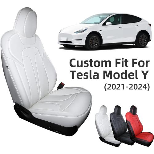 Custom Fit Seat Covers for 2020-2024 Tesla Model Y (5-Seater), Waterproof Nappa Leather, OEM Factory Style Full Set Car Seat Protectors Airbag Compatible - White
