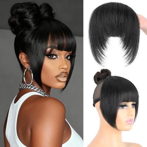 Yaki Straight Clip in Bangs with Temples for Black Women Natural Looking Synthetic Hair Fringe Hairpiece with 3 Secure Clips Kinky Straight Bangs Hair Extensions(Natural Black)
