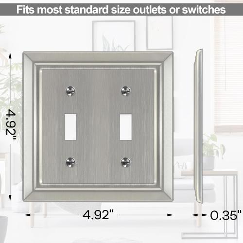 Metal Wall Plate for Electrical Outlets, Decorative Brushed Nickel Switch Plates Outlet Cover, Light Switch Cover Plate, 2-Gang Wall Plates (Double Toggle, 2 Pack)
