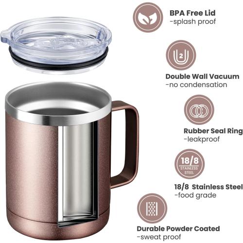 MEWAY 12oz Coffee Mug With Handle 8 Pack Bulk,Stainless Steel Insulated Travel Tumblers With Sliding Lid,Double Wall Vacuum Camping Cup for Hot & Cold Drinks Tea (Rose Gold,Set of 8)