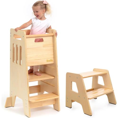 WOODENN Ocodile Stepping-Up Set - Standing Tower and Step Stool for Kids (Varnished)