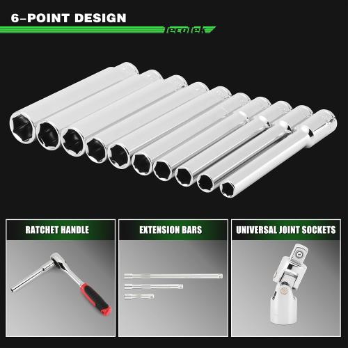 TecoTek 10PCS 3/8-Inch Drive Extra Deep Metric Socket Set, 6 Point, 8mm to 17mm, No Skipped Sizes, 120MM Deep CR-V Socket for Automotive and Industrial Applications
