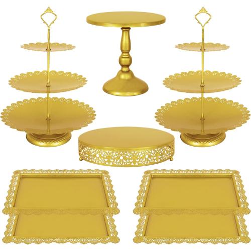 Fivenl 8 Pcs Cake Stand Gold Metal Dessert Table Display Set, 3-Tier Cupcake Stand, Cake Display Tower and Cookie Tray Rack Serving Tray for Birthday Party, Weddings, Baby Shower (Gold)