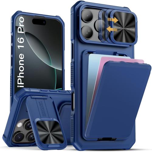 SSLOTSCASE for iPhone 16 Pro Case with Stand & Hidden Card Slot & Sliding Lens Cover [Military-Grade Protection] Heavy Duty Shockproof Wallet Case Cover for iPhone 16 Pro 2024, Blue | with Stand, Hidden Card Slot, Sliding Lens Cover, Heavy Duty, Shockproo