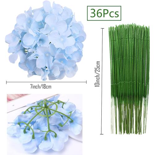 FagusHome Silk Hydrangea Heads 36 Pcs Artificial Flowers Heads and 3 Dozens Stems Fake Hydrangea Flowers with Stems for Home Wedding Decor (Light Blue)