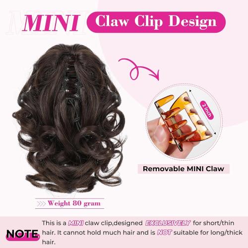 REECHO Ponytail Extension, 9 Claw Clip in Short Curly Wavy Pony Hair Extension Jaw Clip on Pony Tail HP001 Hairpiece for Women - Chestnut Brown with Golden Highlights