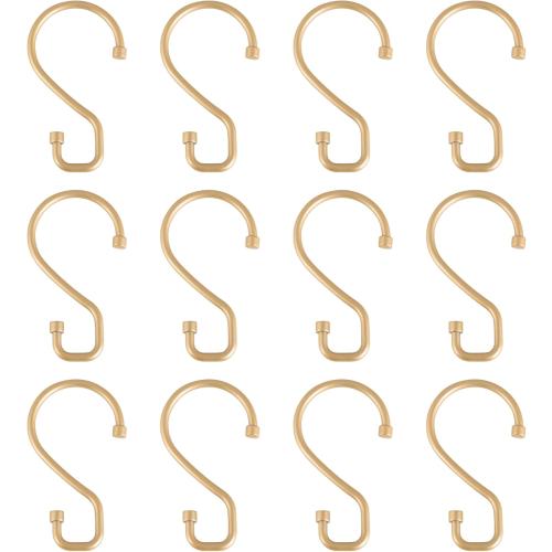 Bath Bliss 12 Pack S-Hook Shower Curtain Rings | Bathroom | Metal S Shaped Hooks | Easy Glide | Easy to Install | Hang Mugs, Pans, Towels | Satin Gold