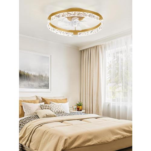 LEDIARY 20 Inch Low Profile Ceiling Fans with Lights and Remote, Fandelier Ceiling Fan Flush Mount, 3000K-6000K Dimmable LED Fan Light, Gold Modern Ceiling Fans with Lights for Bedroom