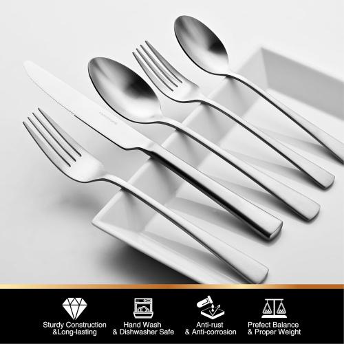 KINGSTONE Silverware  18/10 Stainless Steel Flatware Set,Forged Cutlery Set Matte Satin Finish, Dishwasher Safe