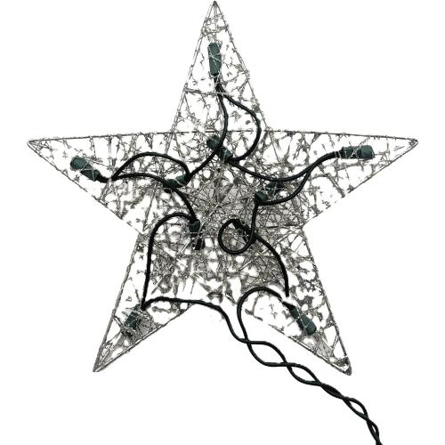 10.5 Lighted Silver Glittered Wire Star Christmas Tree Topper - Clear Lights