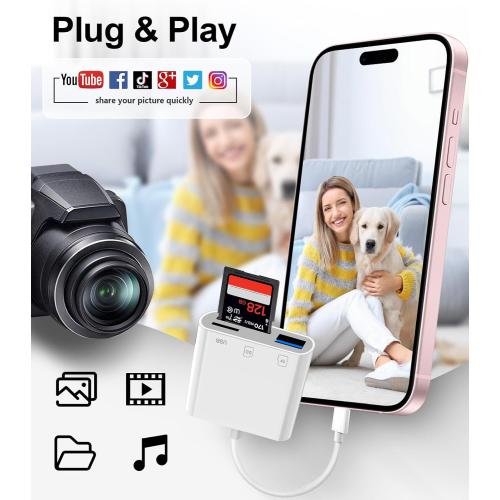 USB C SD Card Reader for iPhone 15-17, USB C to Micro SD Memory Card Adapter for iPad/Mac Pro/Air, USBC/Type C Camera Card Reader with USB A Port for iPhone 16 and More Android USBC Devices