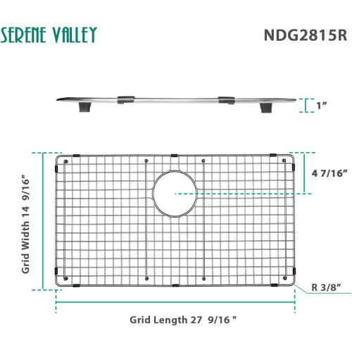 Serene Valley Sink Bottom Grid 27-9/16 x 14-9/16, Rear Drain with Corner Radius 3/16, Kitchen Sink Protector NDG2815R