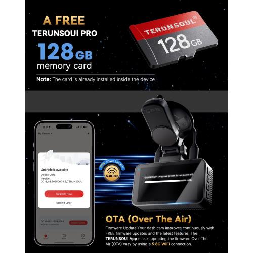 4K 4K Dash Cam Front and Rear, Free 128GB Card Included, 5.8GHz WiFi Dash Camera for Cars, Built-in GPS, G-Sensor, 170°Wide Angle, 3 IPS Screen, 24H Parking Mode, Support 512GB Max