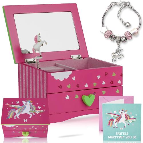 Pink Amitié Lane Unicorn Musical Jewelry Box for Girls - Unicorns Gifts For Girls - Music Box For 5 Year Old Birthday Gifts or Ages 6, 7, 8, Kids Jewelry Box, Unicorn Bedroom Decor For Little Girl (Pink)