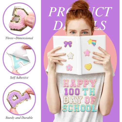 Yungyan 104 Pcs 100 Day of School DIY Shirt Letter Patches Chenille Self-adhesive for Teacher Backpack Cloth Preppy Embroidery Sticker Cute Star Heart Rainbow Patch Craft Hat Iron on Activity Supplies
