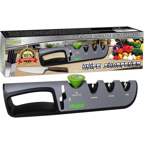 4 in 1 MAJAZ Knife & Scissor Sharpener, Tungsten Steel, Diamond & Ceramic Slots for Different Functions, Adjustable Angel to Fit All Knives Styles ( Kitchen, Fillet, Pocket, Hunting & Tactical Knives)