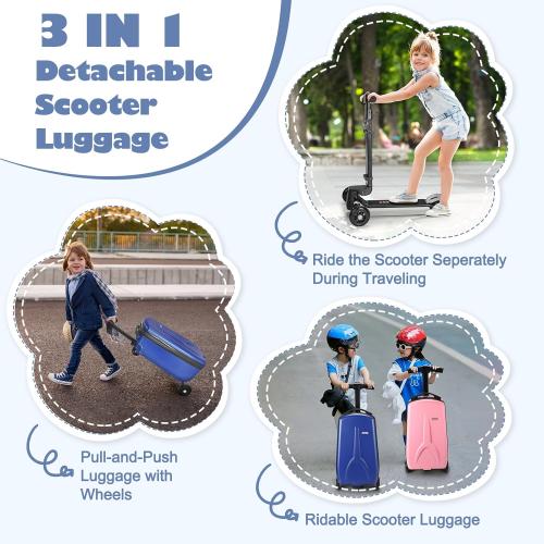 iubest Scooter Luggage Carry On Scooter Suitcase for Kids Age 4-15, Detachable & Foldable 4 in 1 Kids Suitcase, Multifunctional Ride On Travel Trolley Scooter Combo-Blue