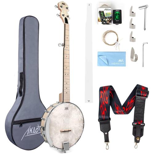AKLOT 5 String Banjos Full Size Open Back Banjo Adjustable Maple Body Remo Head with 2 Tuning Wrench, 4 Picks, Strings, Tuner, Strap Ruler, Cleaning Cloth, Gig Bag for New Beginner Professional