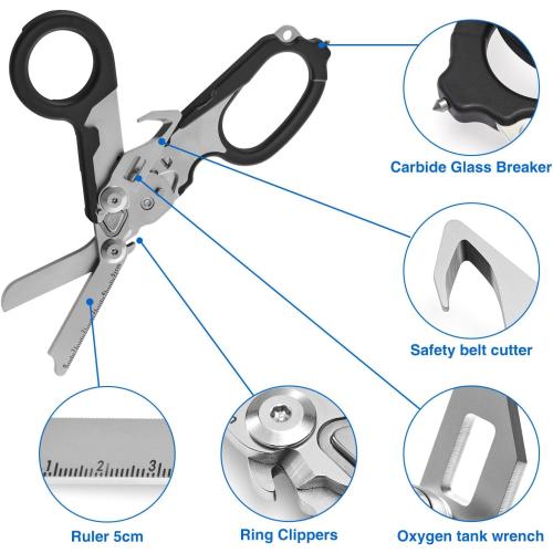 Heavy Duty 6 in 1 Multifunctional Trauma Shears Foldable | Stainless Steel emergency response scissors | Survival Shears with Holster | Medical Trauma shears Tactical With Strap Cutter | Black