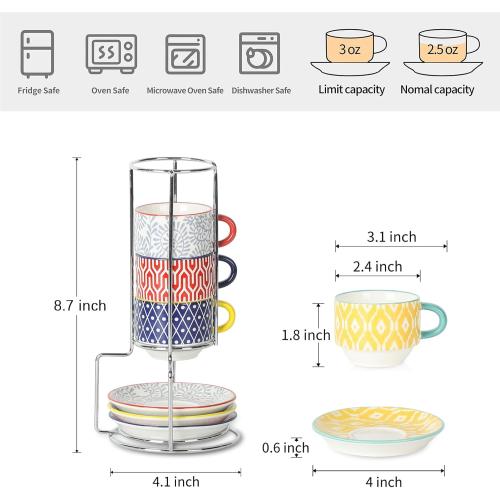 Selamica Ceramic Espresso Cups with Saucers and Metal Stand, 2.5 OZ Stackable Demitasse Cups for Espresso Latte Café Mocha Tea, Set of 4, Assorted Colors