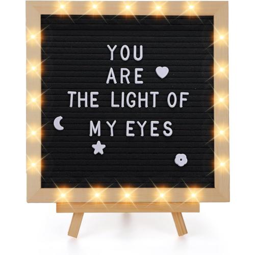 Changeable Felt Letter Board with LED Lights - 10×10 Message Custom Signs & Wood Stand& 450 Letters, Poster Board for Baby/Pregnancy Announcement/Classroom Wall Decor Gifts First Day of School, Black