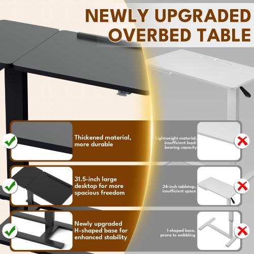 Big Big 32 W x 16 D Tilt Desktop Overbed Table with H-Shaped Sturdy Base, Stable Metal and 360° Concealed Casters, Moveable Bedside Desk for Home,Office,Hospital Use (Black)