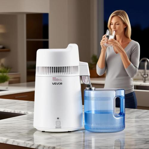 VEVOR Water Distiller, 6L/1.6 Gallon Larger Distilled Machine, 900W Distilling Water Maker, 0-99H Timing Set, Time & Temp Display, 304 Stainless Steel Interior Stiller with Plastic Carafe, White