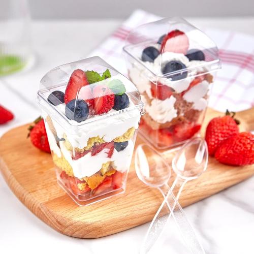 Zezzxu 50 Pack 5 oz Dessert Cups with Dome Lids and Spoons, Plastic Pudding Cups with Lids Mini Parfait Shooter Cups for Party Individual Banana Pudding Jello Yogurt Fruit Trifle
