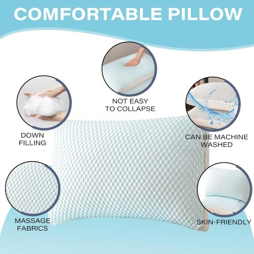 Cooling Pillow, 29x19 Inch Elastic Bed Pillows with Down Filling, Breathable Side Sleeper Pillow with Massage Particles, Washable Pillow for Stomach Sleeper, Light Blue, Bed Pillows (2)