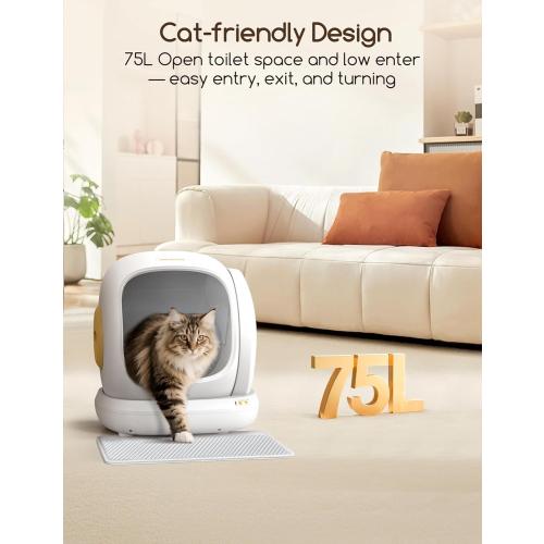 Size 75L  Automatic Cat Litter Box, Large Opening Self Cleaning Litter Box with Safety Protection for Multiple Cats, App Control, Odor-Free, 75L Space