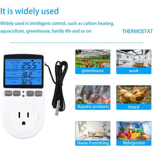 Backlit Digital Temperature Controller, LCD Screen Heating Cooling Thermostat Outlet Socket with Sensor Timer Regulator for Reptile Incubator Greenhouse Brewing Refrigerator, 120V, 15A, ℉/℃