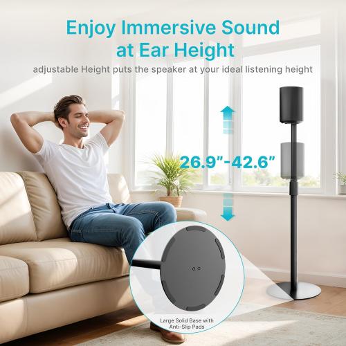 Adjustable Height Speaker Stands Compatible with SONOS Era 300 and Era 100, Height Adjustable up to 42.6'', Floor Stands with Cable Management, Speaker Mount, Black, 2 Pack (Pair)
