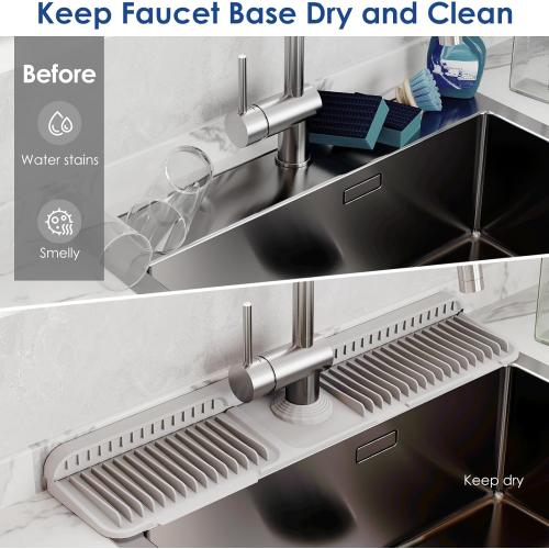 24 Inch Silicone Faucet Mat for Kitchen Sink Splash Guard - 7° Slope Upgraded Water Draining Mat with Fasten Button for Bathroom Area (Gray, 24''x5.5'')