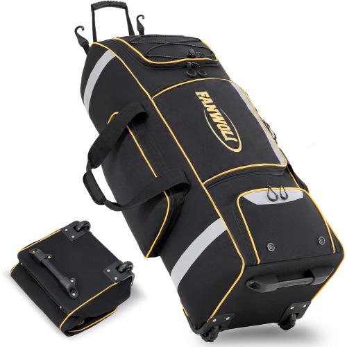 Fanwoli 81L Rolling Baseball Bag with Wheels, Softball Catchers Gear Bags for 4 Bats (Fits Up To 34), Separate Shoe Compartment, Safety Reflective Strip, Fence Hook, Foldable T-Bag for Youth & Adult