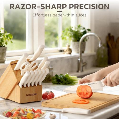 Astercook Knife Set, 15 Pieces Kitchen Knife Set with Sharpener Block, German Stainless Steel Knives with Anti-Rust Coating, Dishwasher Safe, Elegant Cream White Design, Perfect for Holiday Gifts