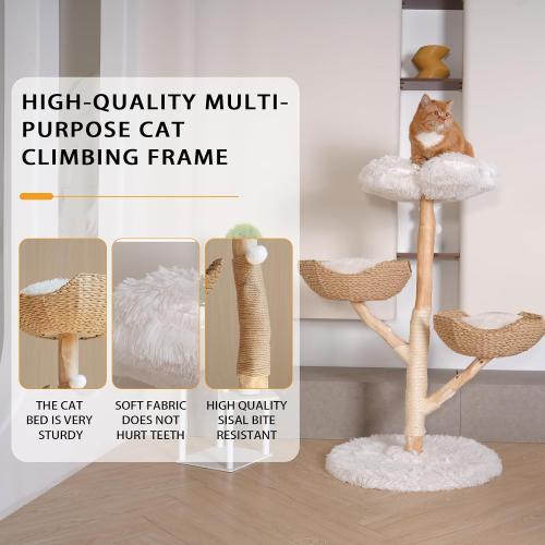 Size 45 Modern Cat Tree Tower, 45” Wooden Cat Tree for Indoor Cats Large Adult, Real Solid Luxury Cat Condo with Scratching Post for Multi-Cat Households