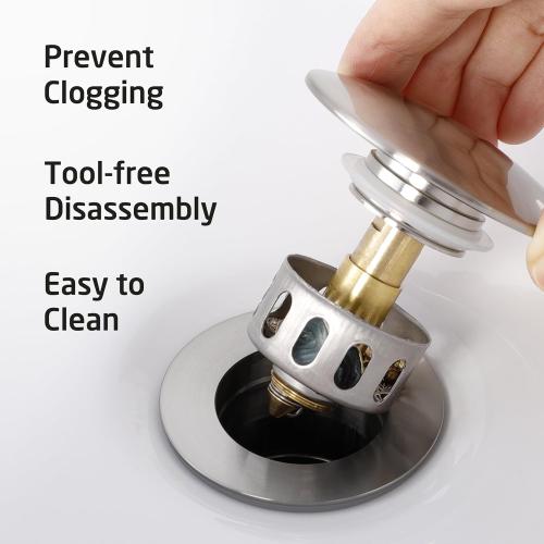 KES Bathroom Sink Drain with Strainer Basket Hair Catcher Anti Clog Pop Up Drain Stopper Vanity Vessel Sink Without Overflow, Brushed Nickel All Metal Rustproof 304 Stainless Steel, S2013D-BN