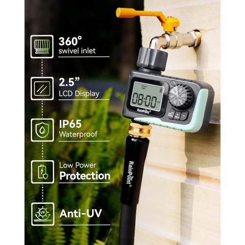 RAINPOINT Sprinkler Timer, Programmable Water Timer for Garden Hose, Outdoor Soaker Hose Timed with Rain Delay/Manual/Automatic Watering System, Digital Irrigation for Yard, Lawn, 1 Outlet