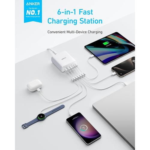 Anker Desktop Charger, Fast Charging USB C Charger, 112W Max 6-Port Charging Station, for iPhone17, iPad, MacBook, Samsung and More (Cable Not Included)