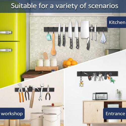 Dmore magnetic knife holder for wall—with 4 hooks, No Drilling 23 Inch black knife magnetic strip, Powerful knife magnet rack, include Adhesive Tape and screws for Knives, Utensils, and Tools