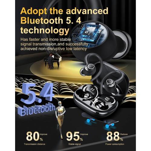 Wireless Earbuds, Bluetooth 5.4 Headphones Sport, Over Ear Buds With ENC Noise Cancelling Mic, 48H, Wireless Earphone With Earhooks, Stereo Deep Bass, IP7 Waterproof ear bud for Workout Running, Black