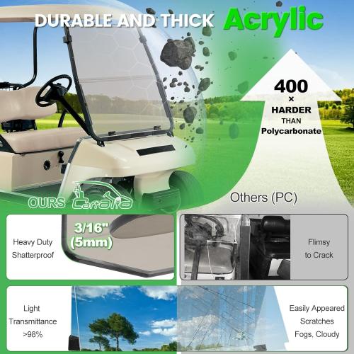 Golf Cart Foldable Windshield 3/16 (5MM) Only Fits Club Car DS 1982-Up with 1×1 Strut Top Tapered or Curved Rail Style, Folding Acrylic Replacement - Tinted (Not Fit Front Straight Up Rail Style)
