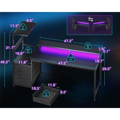 AODK Gaming Desk w/PC Showcase Stand, 59 Reversible, RGB LED, Black | Elevated stand fits Lian Li O11, Hyte Y60. Triple drawers hide cables, controllers, clutter