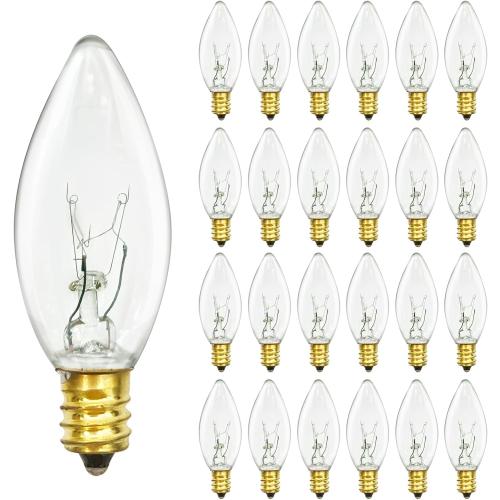 25PK C26 Christmas Incandescent Light Bulbs for Electric Window Candles Lamps, 7 Watts E12 Candelabra Base String Light Bulbs Replacement, Waterproof Clear Night Lights for Xmas Tree Indoor Decor
