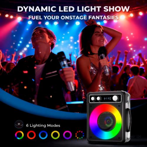 Karaoke Machine with 2 Wireless Microphones, Portable Bluetooth Speaker for Adults Kids, PA Systems Support TWS Echo Adjust TF USB AUX for Home Party Outdoor Travel