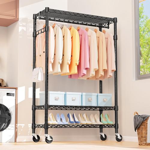 Size 17.7 D x 47.2 W x 83.6 H Color Black Heavy Duty Rolling Garment Rack 3 Tiers Adjustable Wire Shelving Clothes Rack with Rods and Side Hooks,Storage Closet Clothing Rack with Wheels Black 17.7 D x 47.2 W x 83.6 H
