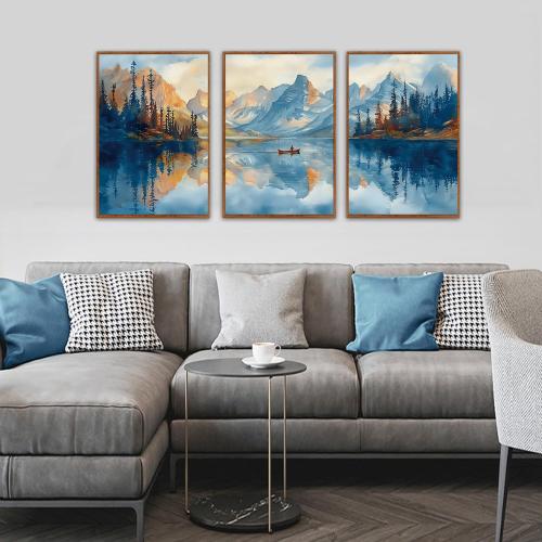 KAIRNE Landscape Wall Art Set of 3(24”X36”),Abstract Forest Canvas Paintings,Watercolor Blue Mountain Lake Prints,Framed Nature Scenery Artwork for Living Room Bedroom Home Office Gallery Decoration