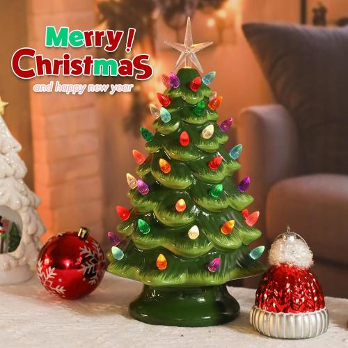 VCUTEKA Small Ceramic Christmas Tree Hand-Painted Vintage Tabletop Green Christmas Tree Holiday Decoration with Multi-Color Lights Xmas Trees 12 inch